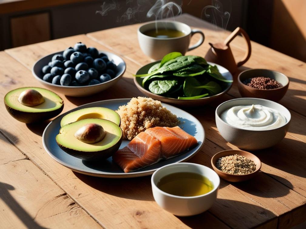A rustic kitchen table filled with colorful, fresh nutrient-rich recovery foods.